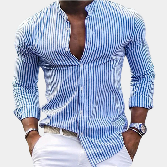 Herrskjorta – Slim Fit – Bandkrage – Vertikala Ränder – Andningsbart Material