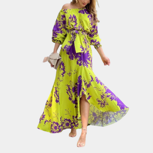 Dam Maxi Klänning - Off Shoulder - Blommigt Mönster - Trekvartsärm - Lös Passform