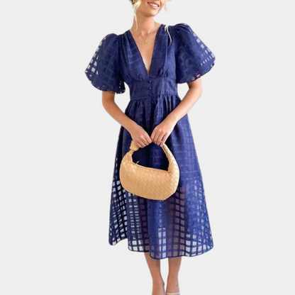 Damklänning - V-ringad - Puffärmar - Midjeskuren A-linje - Halvtransparent Mönster