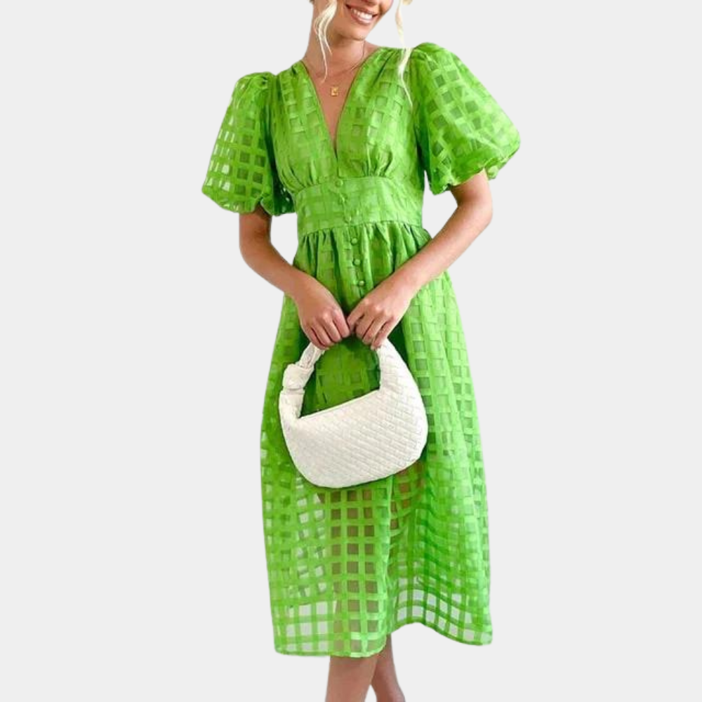 Damklänning - V-ringad - Puffärmar - Midjeskuren A-linje - Halvtransparent Mönster