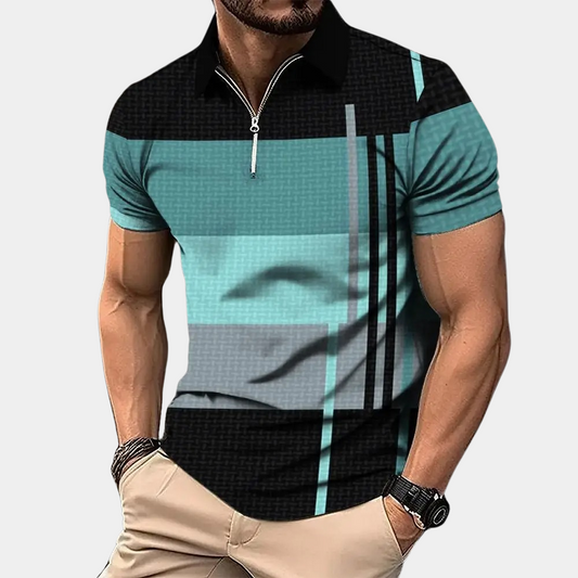 Herrpikétröja – Slim Fit – Kort Ärmslut – Dragkedjekrage – Modern Mönster – Andningsbart Tyg