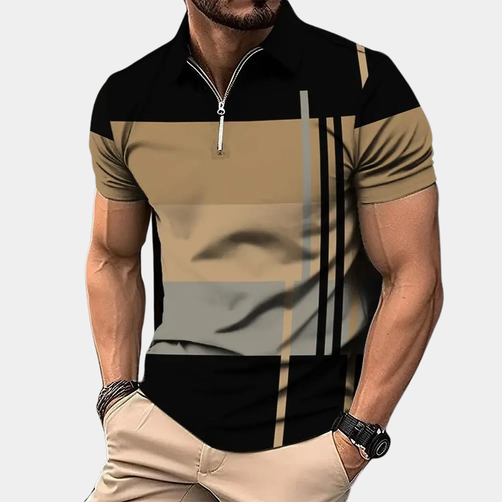 Herrpikétröja – Slim Fit – Kort Ärmslut – Dragkedjekrage – Modern Mönster – Andningsbart Tyg