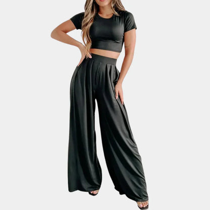 Dammode Set – Kortärmad Croptopp & Högmidjade Vida Byxor – Elegant & Bekväm