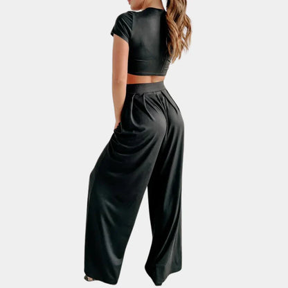 Dammode Set – Kortärmad Croptopp & Högmidjade Vida Byxor – Elegant & Bekväm