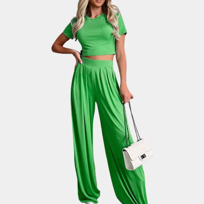 Dammode Set – Kortärmad Croptopp & Högmidjade Vida Byxor – Elegant & Bekväm