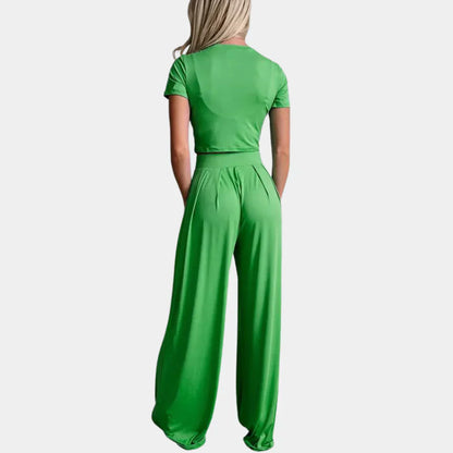 Dammode Set – Kortärmad Croptopp & Högmidjade Vida Byxor – Elegant & Bekväm