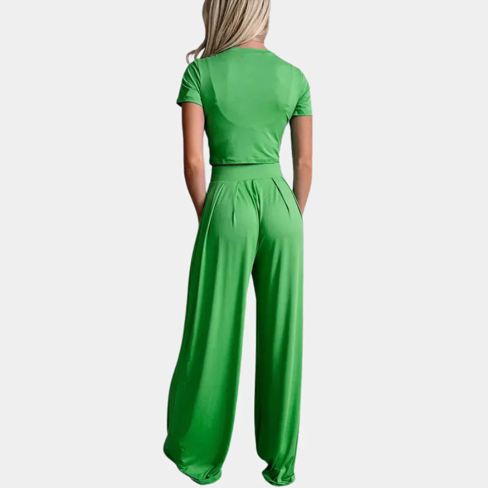 Damtvådelat Set – Kortärmad Cropped Topp & Höga Vida Byxor – Elegant & Bekvämt
