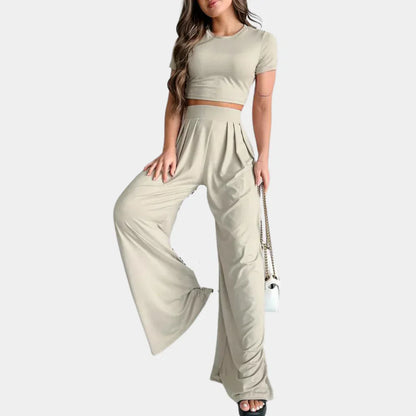 Dammode Set – Kortärmad Croptopp & Högmidjade Vida Byxor – Elegant & Bekväm