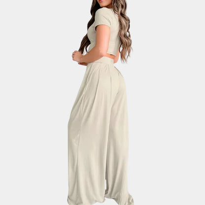 Dammode Set – Kortärmad Croptopp & Högmidjade Vida Byxor – Elegant & Bekväm