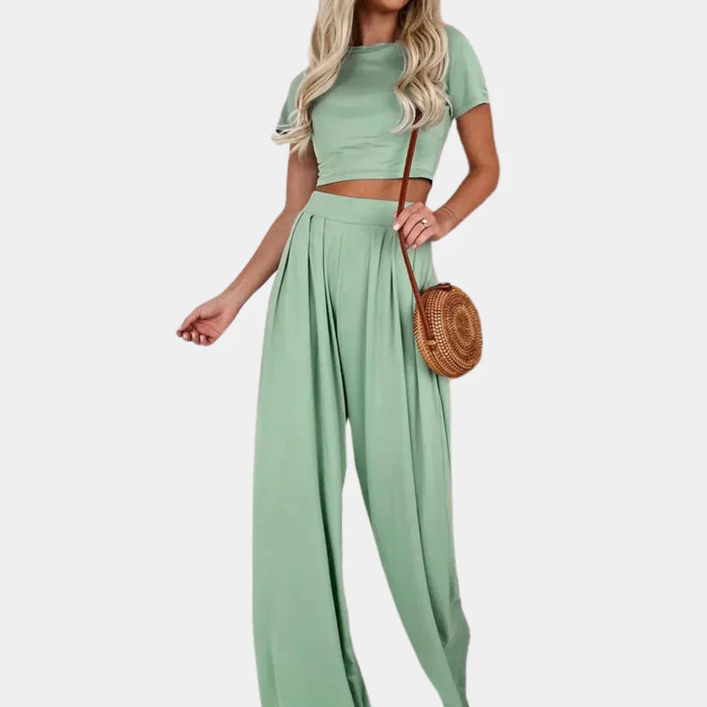 Damtvådelat Set – Kortärmad Cropped Topp & Höga Vida Byxor – Elegant & Bekvämt