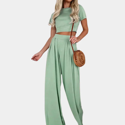 Dammode Set – Kortärmad Croptopp & Högmidjade Vida Byxor – Elegant & Bekväm