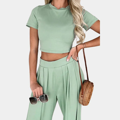 Dammode Set – Kortärmad Croptopp & Högmidjade Vida Byxor – Elegant & Bekväm