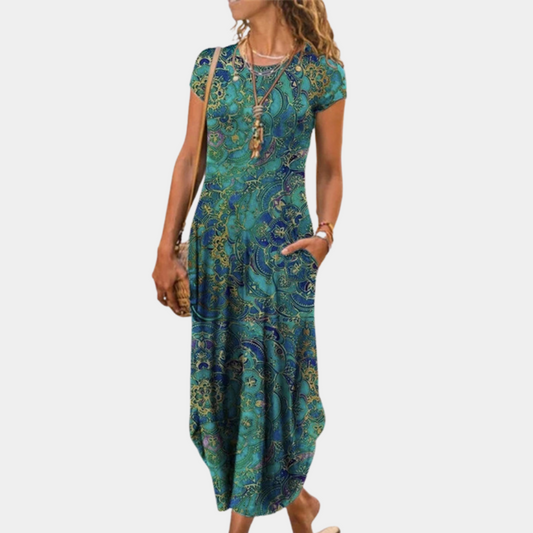 Damklänning midi – Avslappnad passform – Kort ärm – Andningsbart tyg – Mönstrad