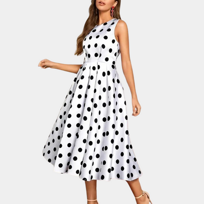 Damklänning - Ärmlös Midi - A-linjeskärning - Polka Dot Mönster - Elegant och Bekväm