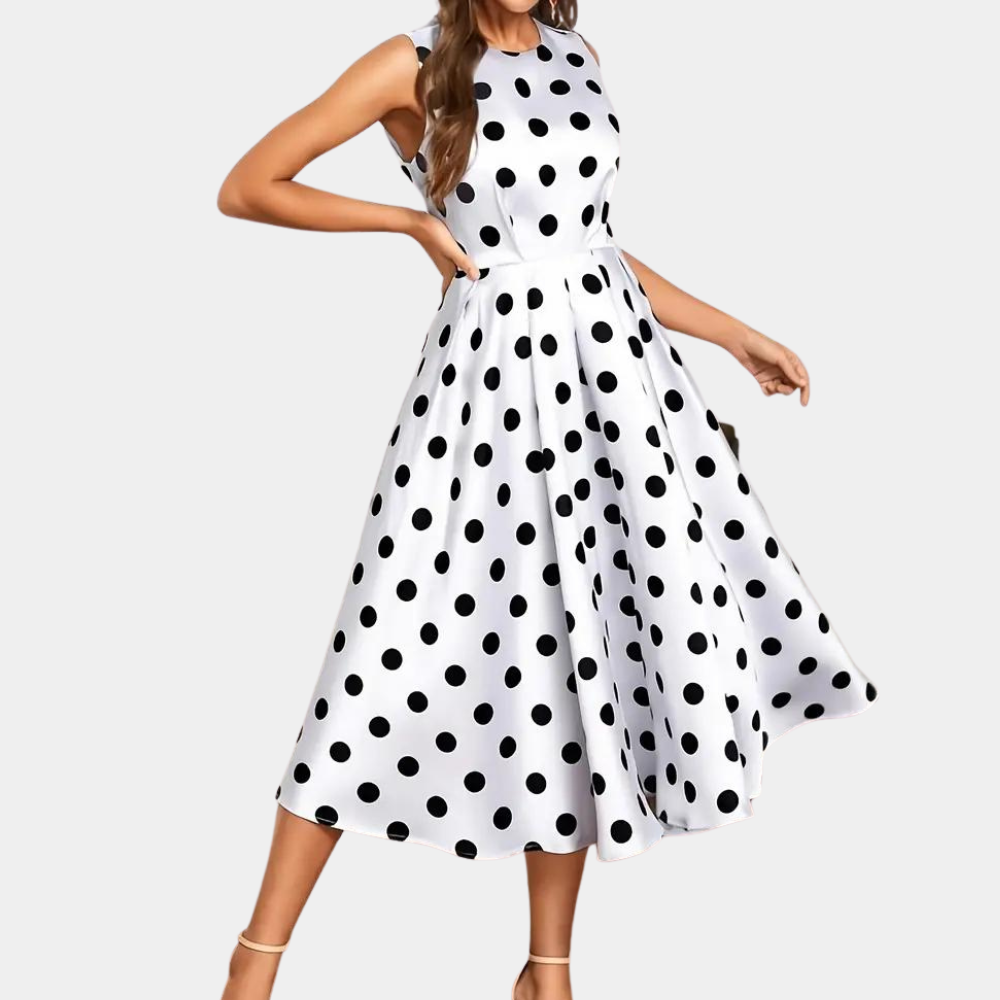 Damklänning - Ärmlös Midi - A-linjeskärning - Polka Dot Mönster - Elegant och Bekväm