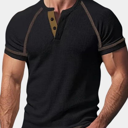 Herr T-shirt – Slim Fit – Henleykrage – Kortärmad – Mjuk Andningsbar Stickad