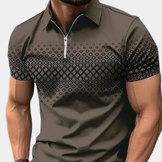 Herr Pikétröja – Slim Fit – Dragkedja – Geometriskt Mönster – Andningsbar Mix