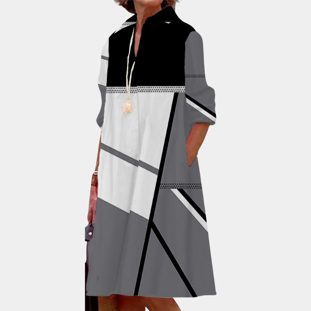 Damklänning - V-ringning - Trekvartsärmar - A-linje - Geometriskt Mönster