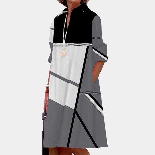 Damklänning - V-ringning - Trekvartsärmar - A-linje - Geometriskt Mönster