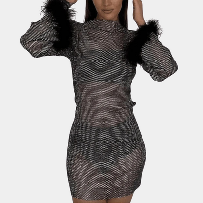 Dams Klänning – Transparent Mesh – Prickigt Mönster – Fjäderdetaljer – Figurnära Mini