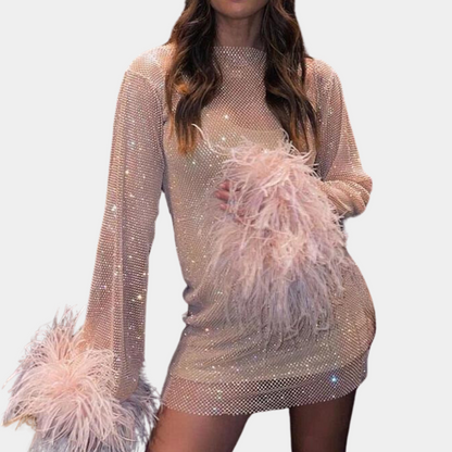 Dams Klänning – Transparent Mesh – Prickigt Mönster – Fjäderdetaljer – Figurnära Mini