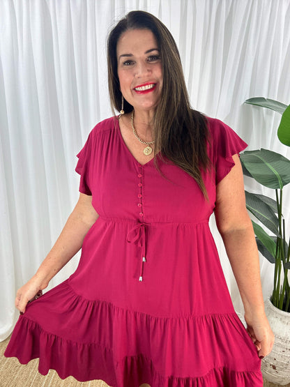 Damklänning - V-ringning - Korta Fjärilsärmar - Knappdetaljer - Justerbar Midja - Volangkjol