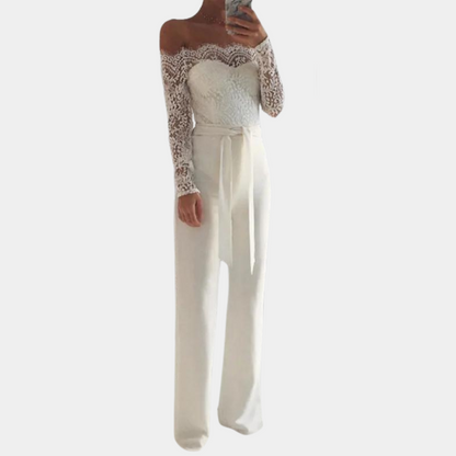 Damdress Jumpsuit - Off-Shoulder - Spetsdetaljer - Långa Ärmar - Elegant Passform
