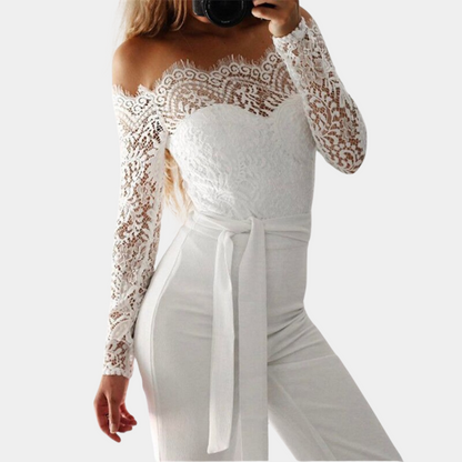 Damdress Jumpsuit - Off-Shoulder - Spetsdetaljer - Långa Ärmar - Elegant Passform