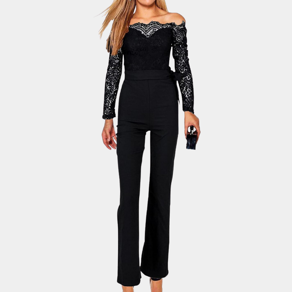 Damdress Jumpsuit - Off-Shoulder - Spetsdetaljer - Långa Ärmar - Elegant Passform