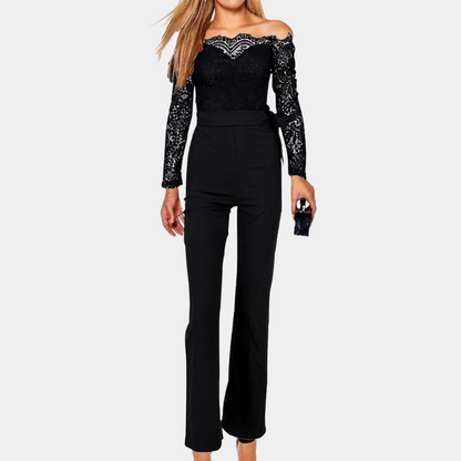 Damdress Jumpsuit - Off-Shoulder - Spetsdetaljer - Långa Ärmar - Elegant Passform