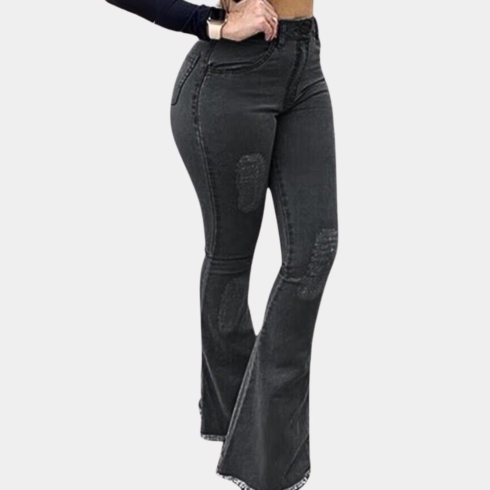 Dam Bootcut Jeans - Midja med Normal Passform - Trendiga Slitna Detaljer - Denim
