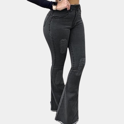 Dam Bootcut Jeans - Midja med Normal Passform - Trendiga Slitna Detaljer - Denim