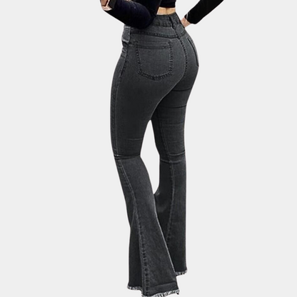 Dam Bootcut Jeans - Midja med Normal Passform - Trendiga Slitna Detaljer - Denim