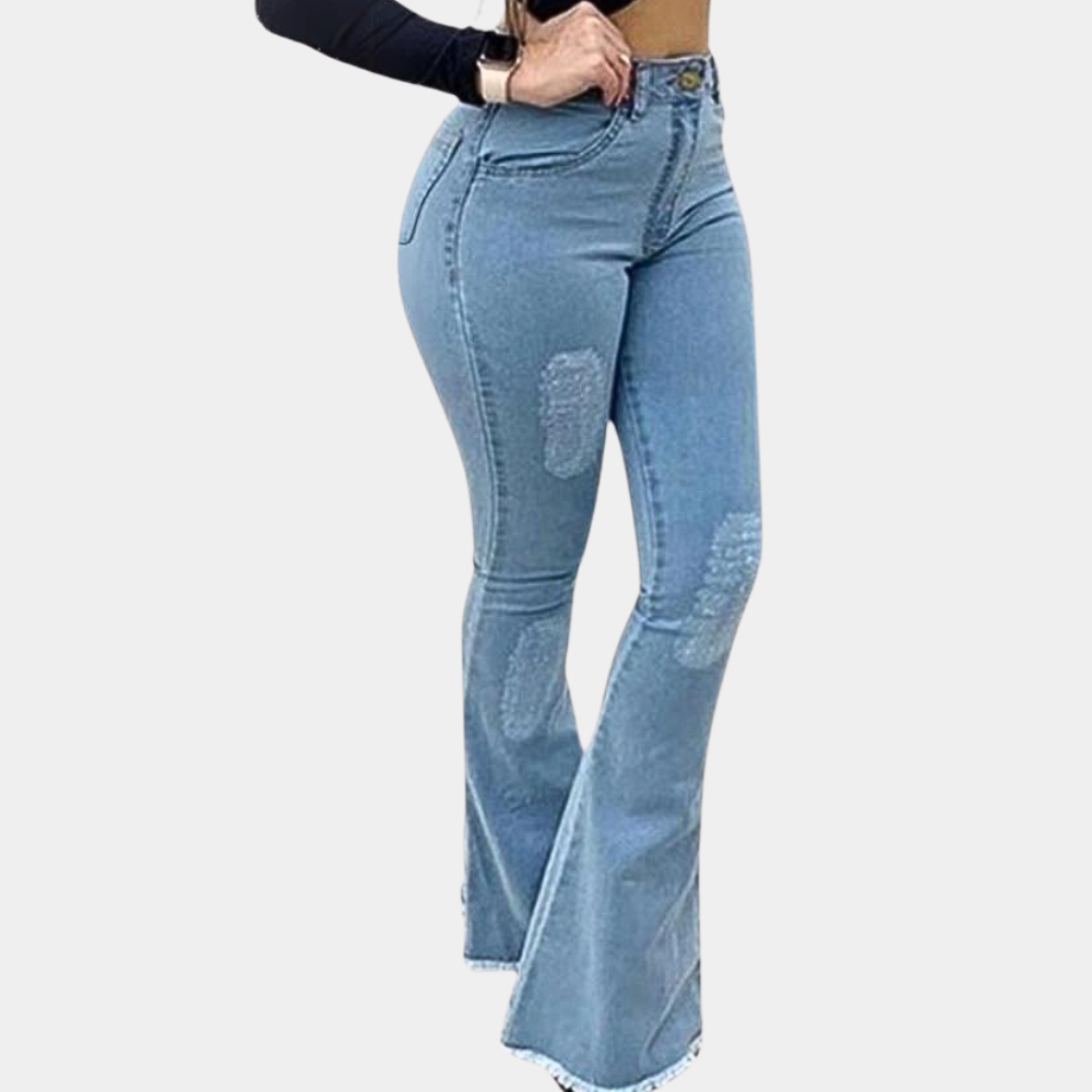 Dam Bootcut Jeans - Midja med Normal Passform - Trendiga Slitna Detaljer - Denim