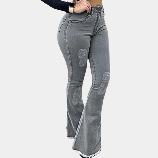 Dam Bootcut Jeans - Midja med Normal Passform - Trendiga Slitna Detaljer - Denim