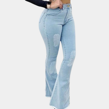 Dam Bootcut Jeans - Midja med Normal Passform - Trendiga Slitna Detaljer - Denim