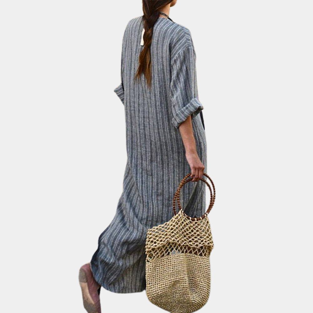 Damm Kaftanklänning - Lång Luftig Passform - Randigt Mönster - Vid Ärmdesign