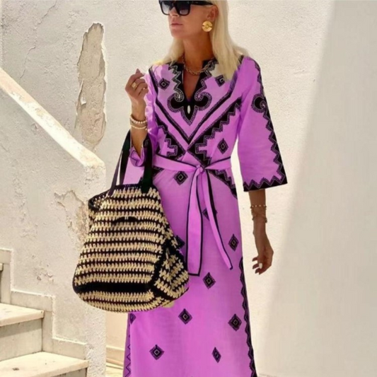 Damklänning – Maxilängd – Geometriskt Mönster – V-ringning – 3/4-Ärm – Midjeband