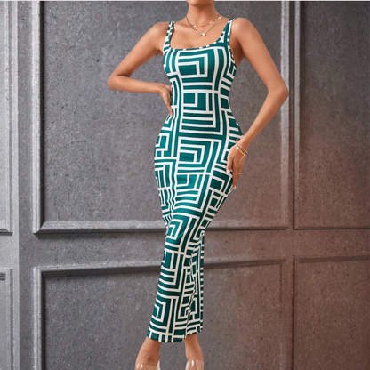 Dam Bodycon Maxiklänning – Geometriskt Mönster – Fyrkantig Halsringning – Breda Axelband