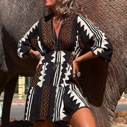 Damtunika - Lös Passform - V-ringning - Trekvartsärmar - Geometriskt Mönster