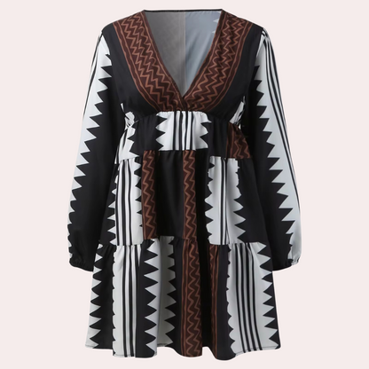 Damtunika - Lös Passform - V-ringning - Trekvartsärmar - Geometriskt Mönster