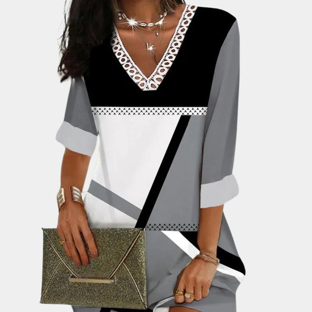 Damklänning – V-ringning i spets – 3/4-ärm – Geometriskt mönster – Lös passform