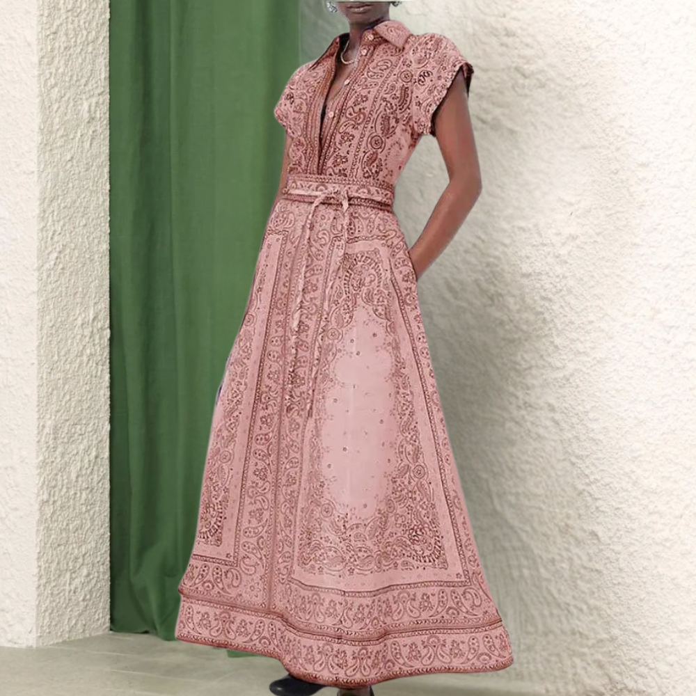 Damklänning - Maxilängd - Paisleymönster - Skjortkrage - Bälte - Kort ärm - Fickor