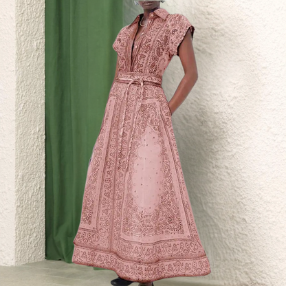 Damklänning - Maxilängd - Paisleymönster - Skjortkrage - Bälte - Kort ärm - Fickor