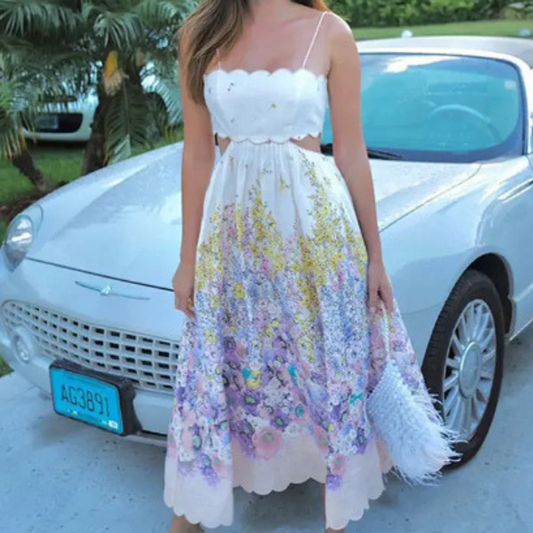 Damklänning – Ärmös Med Spagettiband – A-linje – Blommigt Mönster – Utskuren Midja