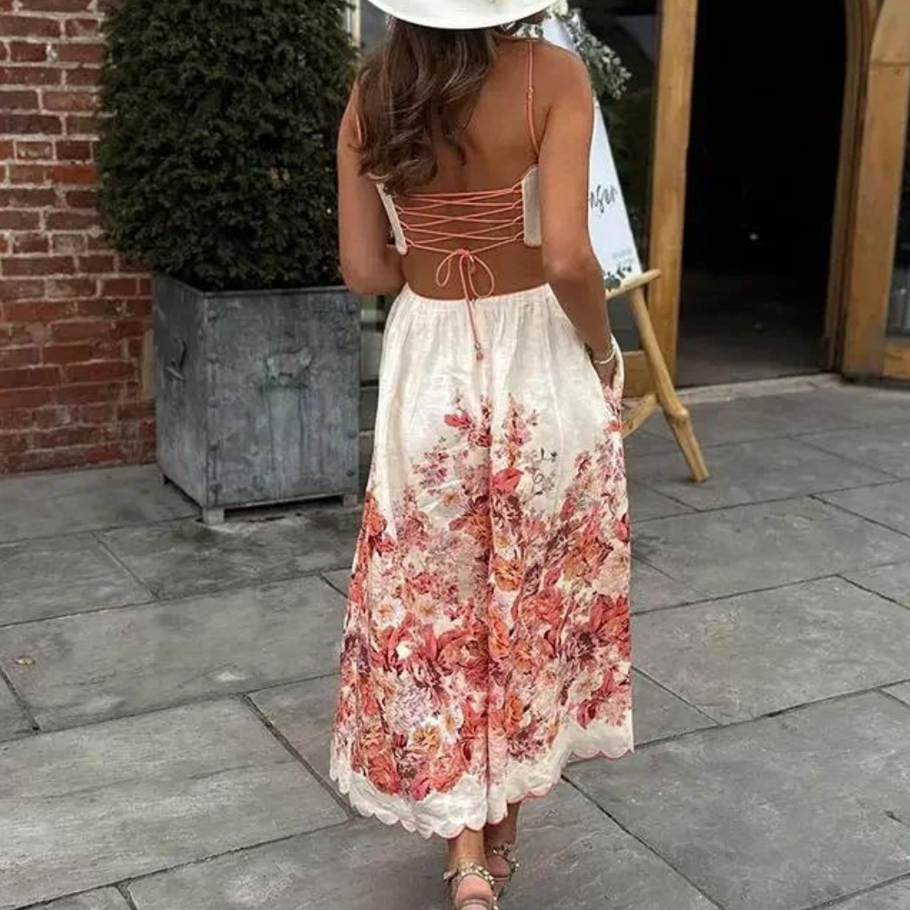 Damklänning – Ärmös Med Spagettiband – A-linje – Blommigt Mönster – Utskuren Midja