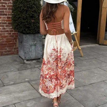 Damklänning – Ärmös Med Spagettiband – A-linje – Blommigt Mönster – Utskuren Midja