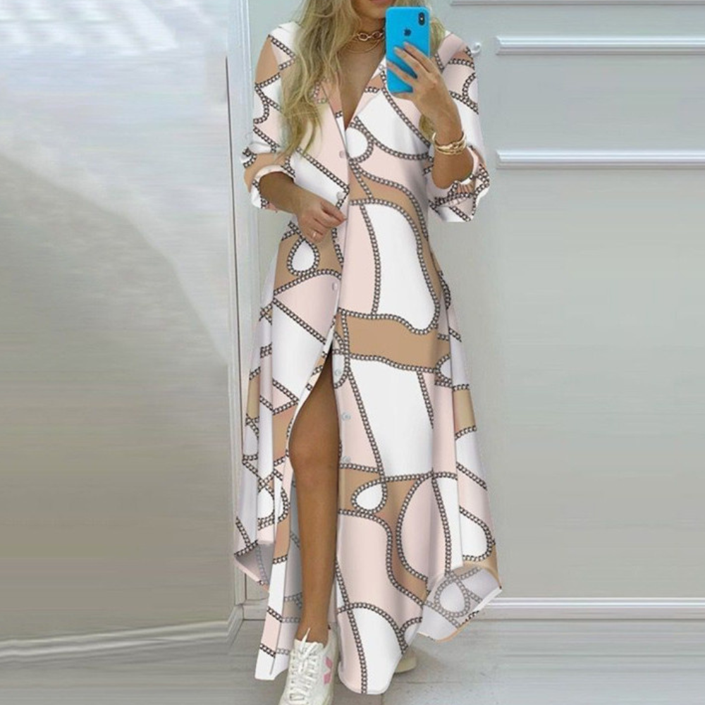 Damklänning - Lång Skjortklänning med Lövmönster - V-ringning & Hög Slits - 3/4 Ärm