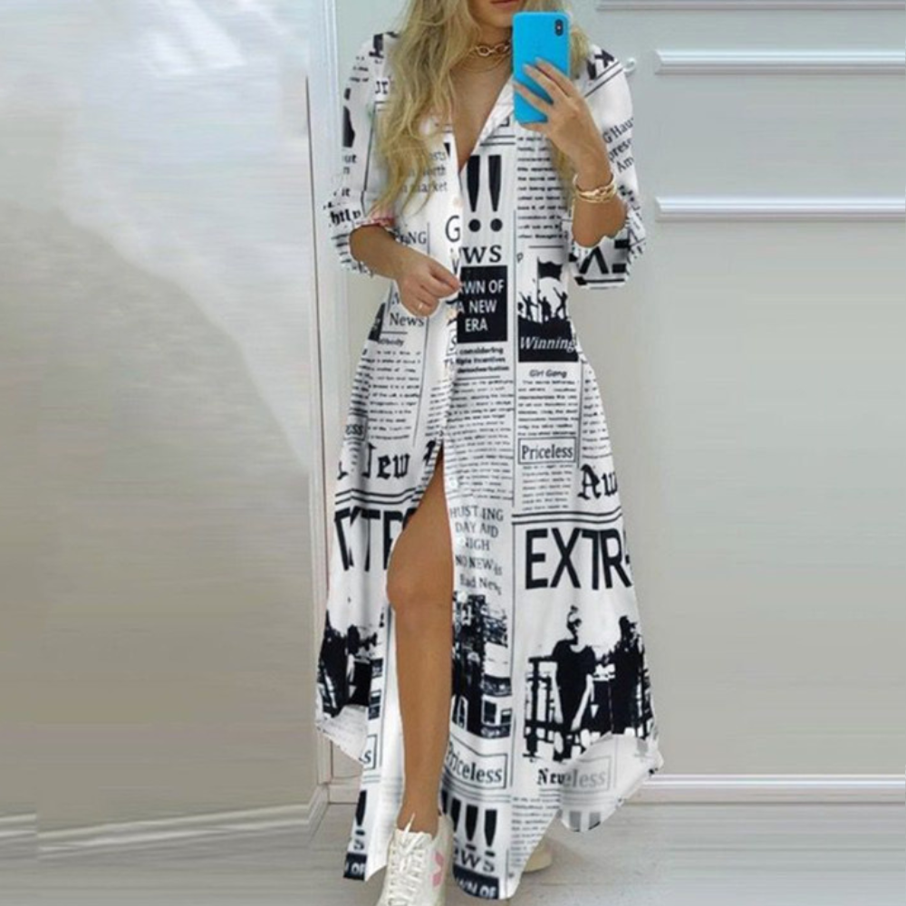 Damklänning - Lång Skjortklänning med Lövmönster - V-ringning & Hög Slits - 3/4 Ärm