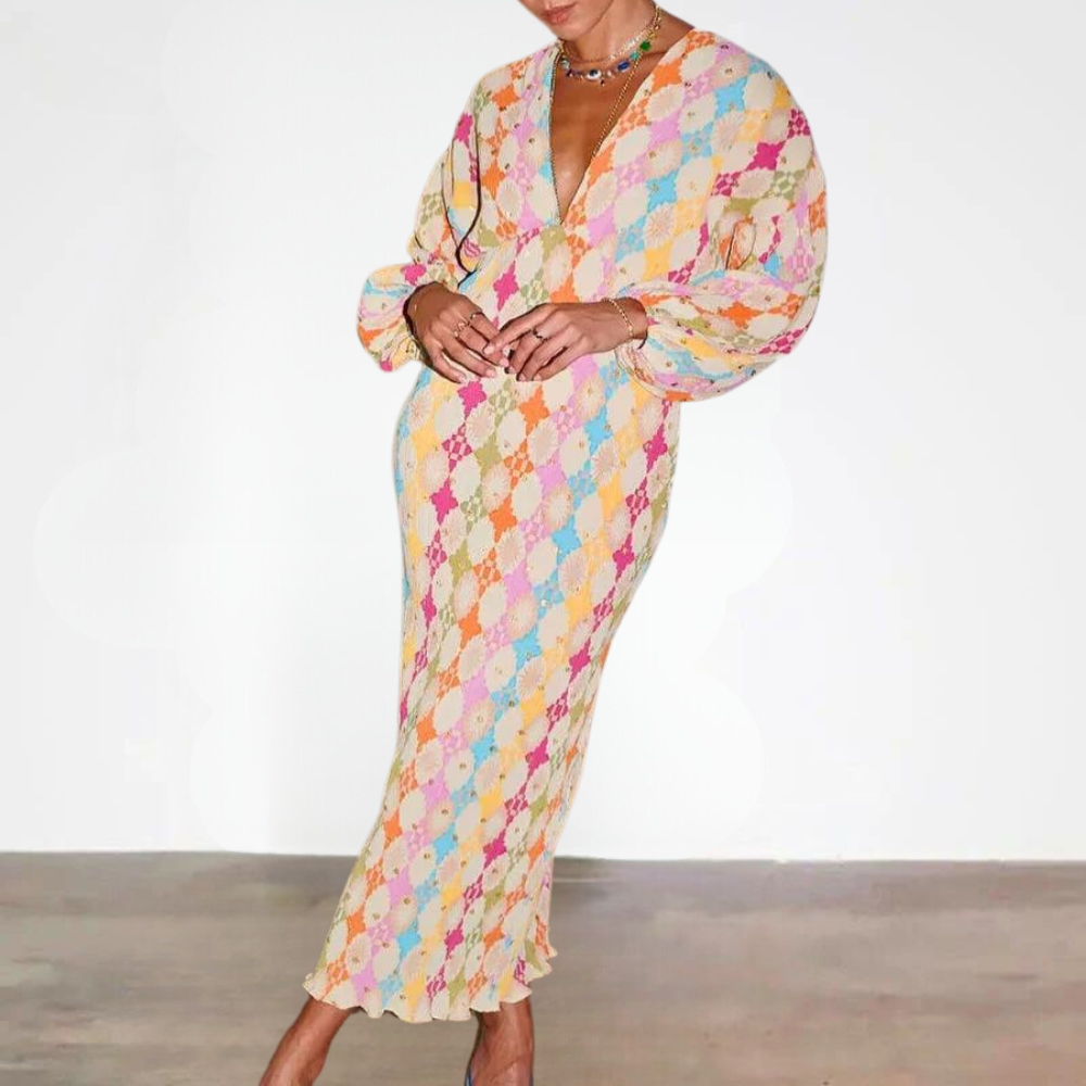 Dam Kaftanklänning – Lång – Lös Passform – V-ringning – Bohemisk Stil – Mjuk Textil